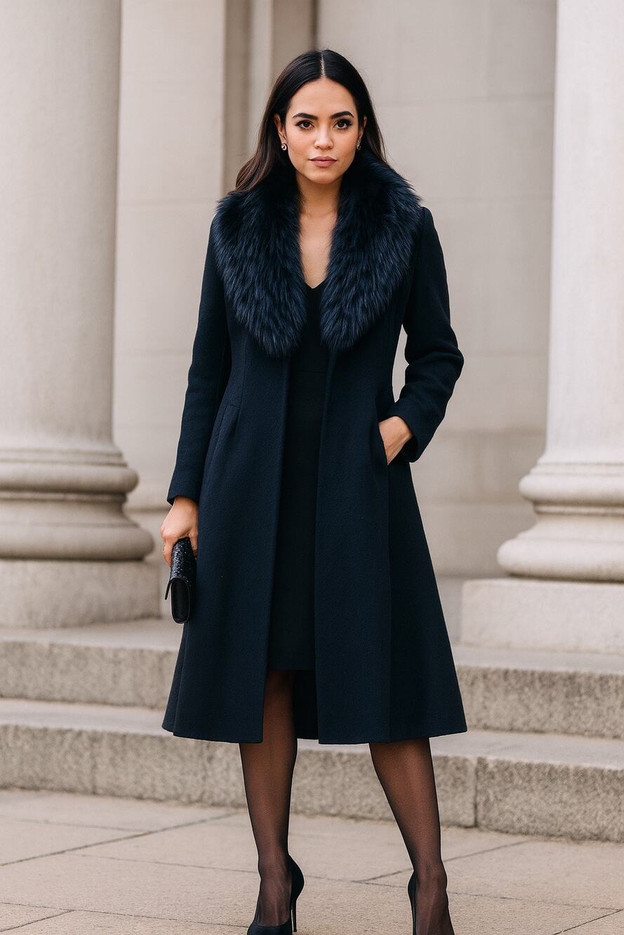 Alice + Olivia Fox Fur Mob Wife Long Wool Trench Coat Jacket Button Medium Black